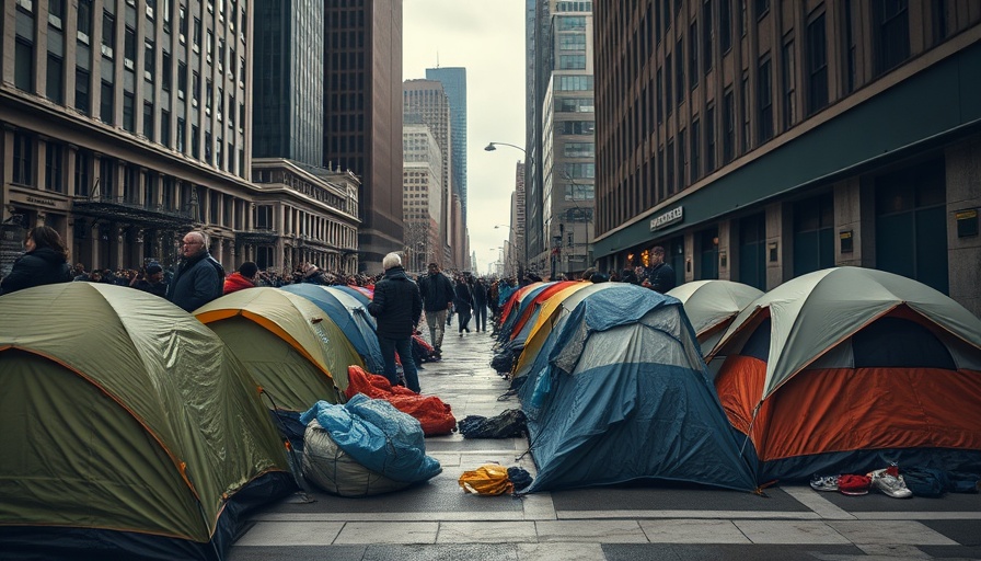 Street view of homelessness in Washington D.C. with tents and people.