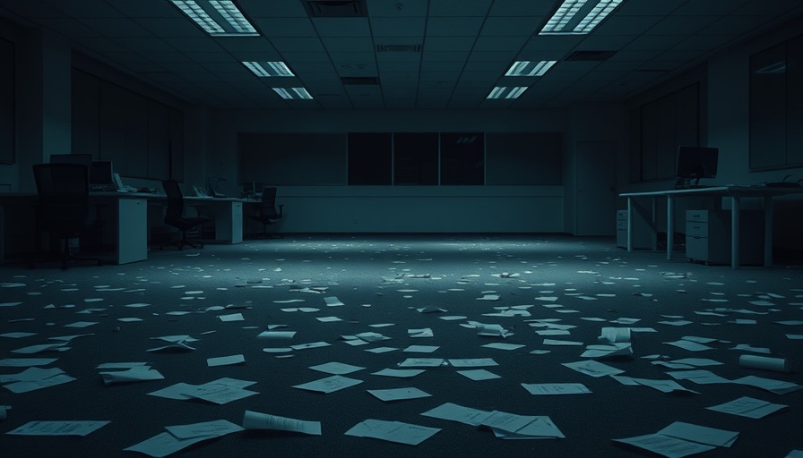 Empty office with papers scattered, illustrating job cuts and recession indicators.