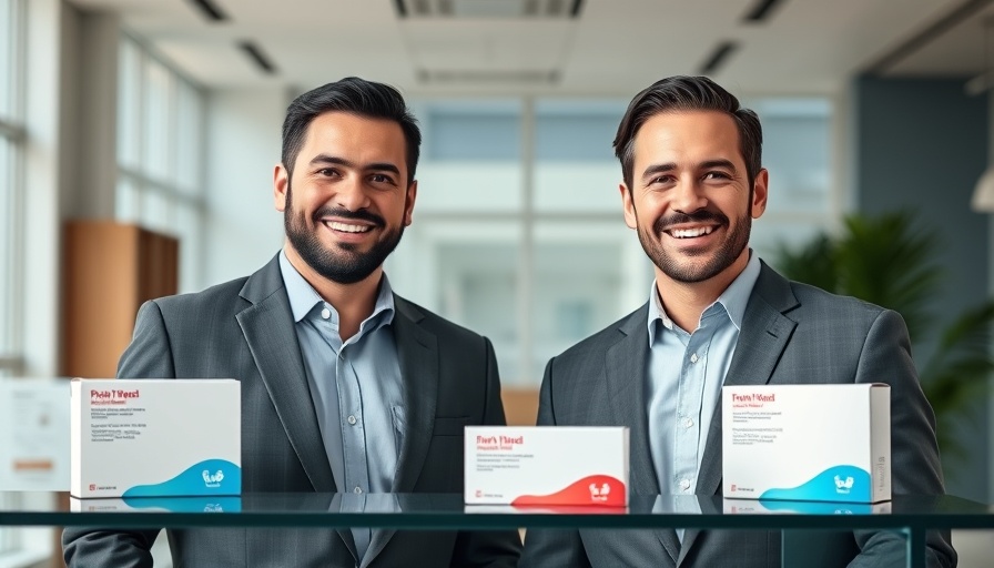 Two businessmen in office near pharmaceutical boxes, Indian company generic drug strategy.