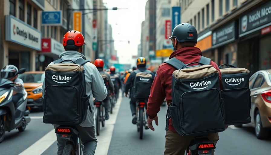 Delivery riders gearing up with branded backpacks for business startup funding concept.