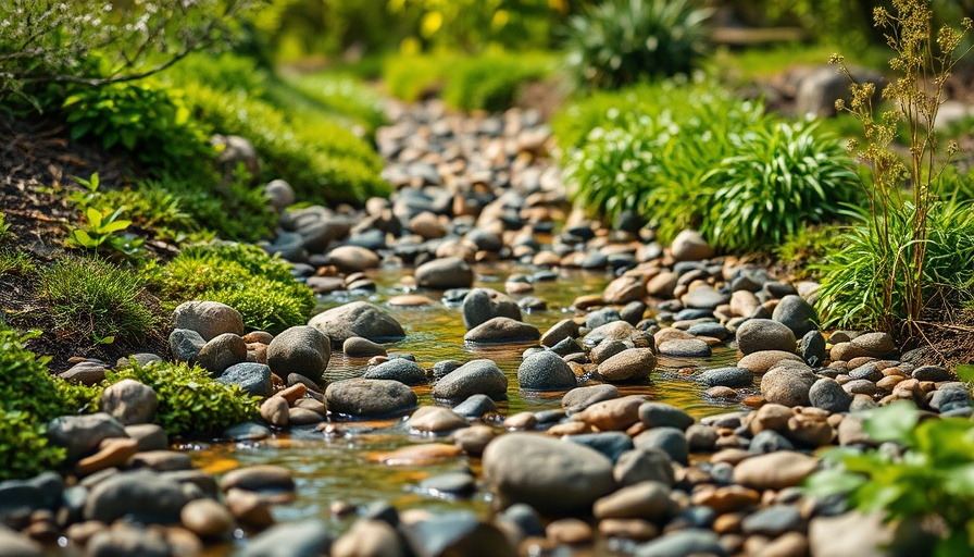 Dry river bed drainage solution with pebbles and greenery in a vibrant garden.