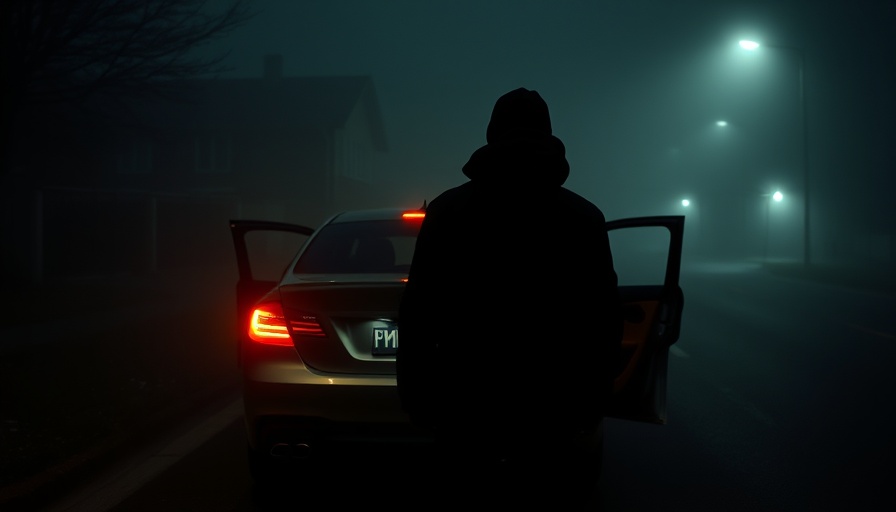 Foggy night scene with car and person highlighting security issues.