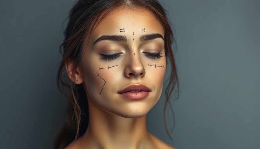 Young woman considering cosmetic surgery costs, marked with surgical lines.