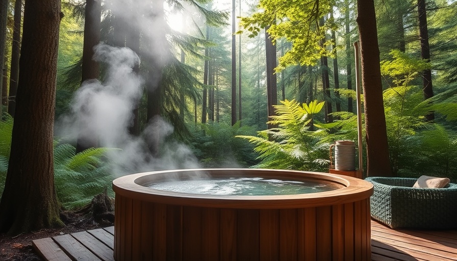 Serene wooden hot tub in lush forest setting