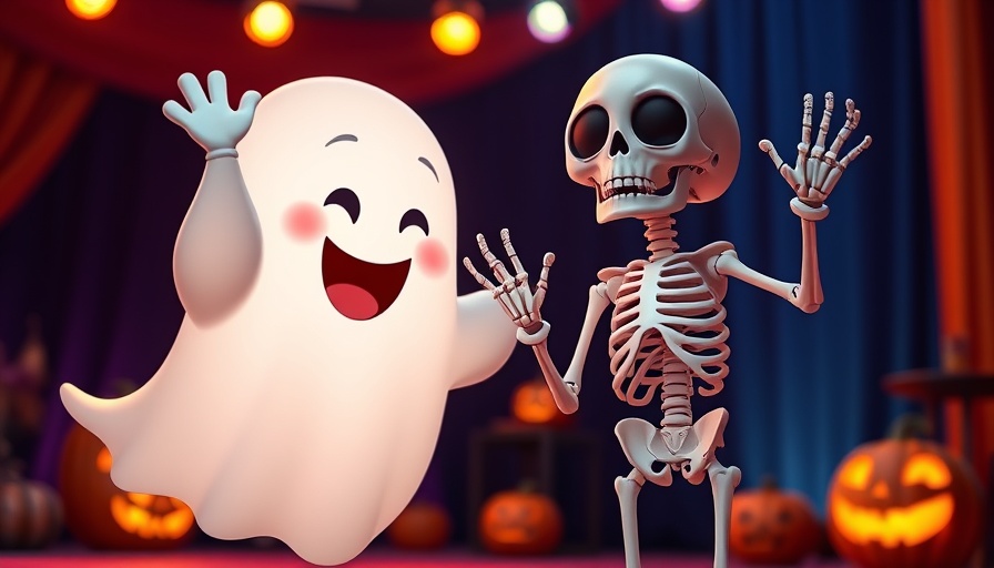 Vibrant Halloween collection 2025 display with cartoon skeleton and ghost.
