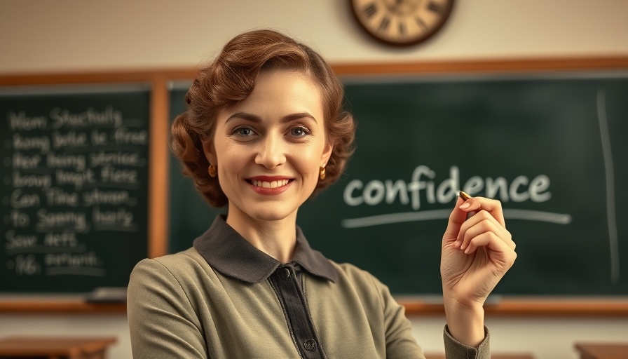 Vintage photo woman writing 'confidence' on chalkboard, mid-20th-century classroom.