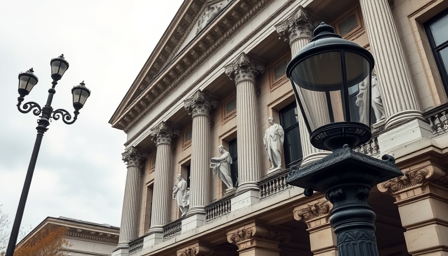 Neoclassical bank architecture under cloudy sky, UK economy context.