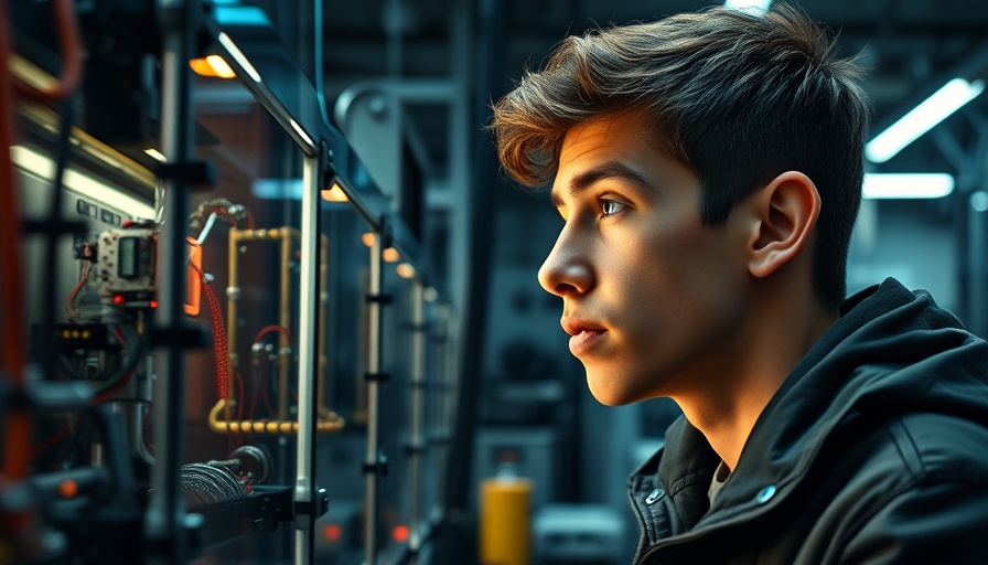 Young man observing quantum computing developments in a lab