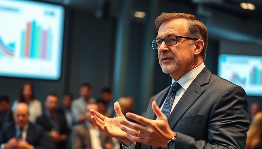 Executive sharing business insights at a conference, modern corporate environment.