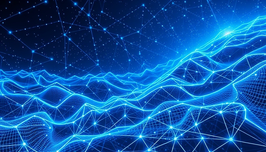 Futuristic blockchain landscape with dynamic stripe patterns.