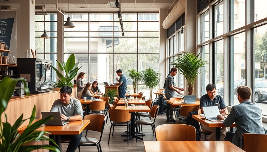 Modern coffee shop with patrons working, symbolizing Starbucks South Korea remote work policy.