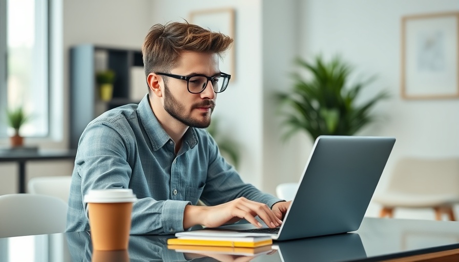 Young professional cold emailing in modern office, focused expression.