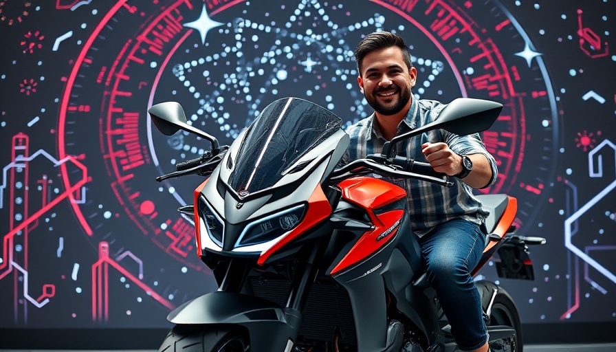 Entrepreneurs presenting a modern electric motorcycle in a tech backdrop, business startup funding.
