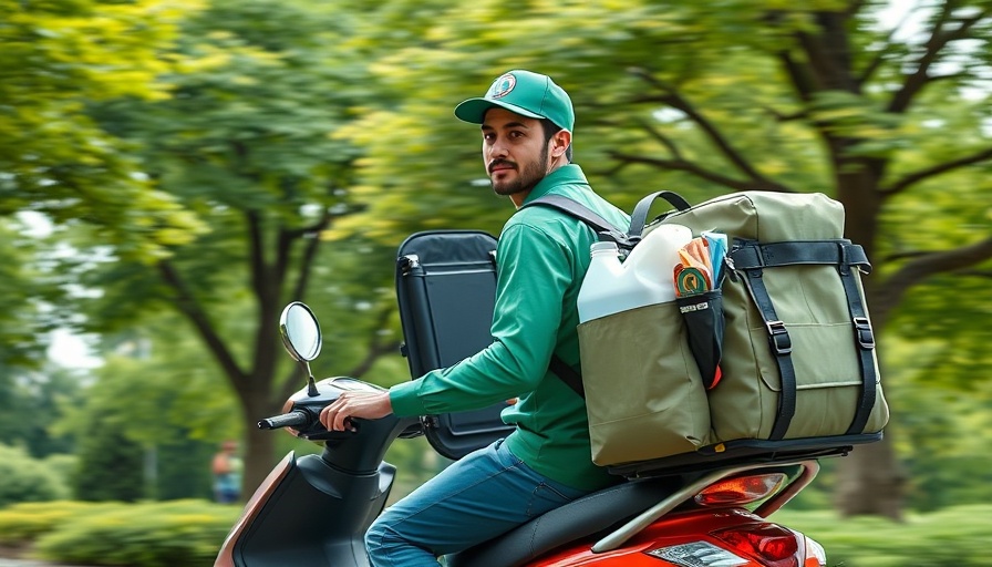 Quick-commerce startup delivery workers on scooter in India park.