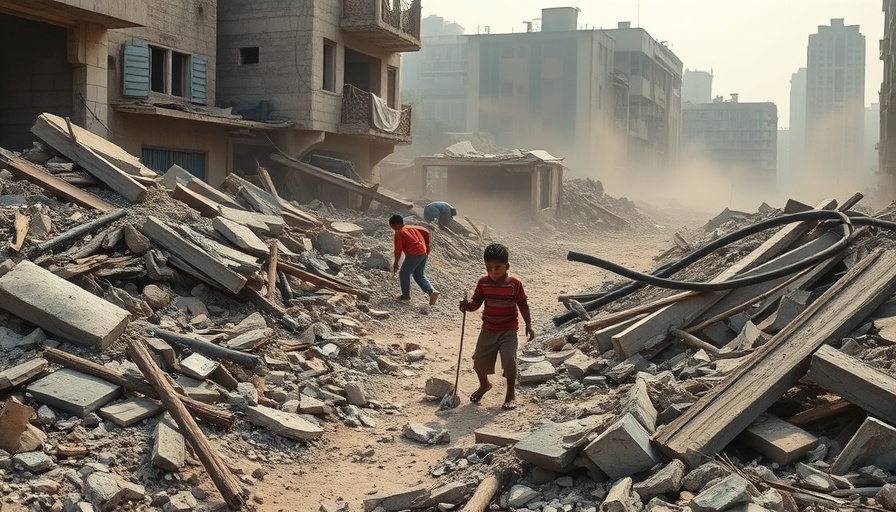 Gaza students amid rubble, illustrating food crisis