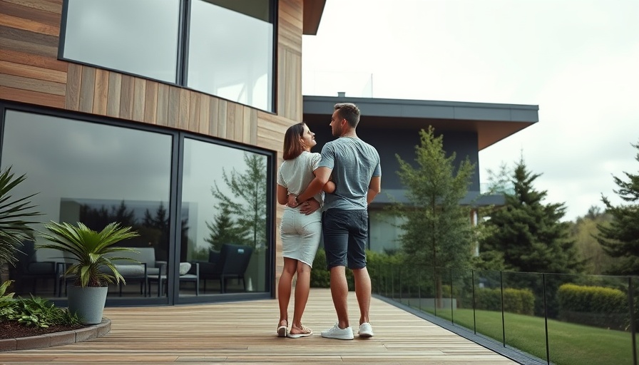 Couple on patio of modern home, related to pre-listing inspection.