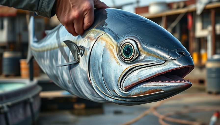 Large tuna fish held at fishing dock, showcasing sustainable fishing practices.