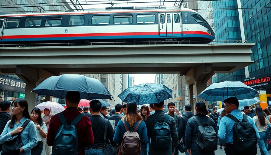 Urban commuters beneath train bridge, climate change solutions concept.