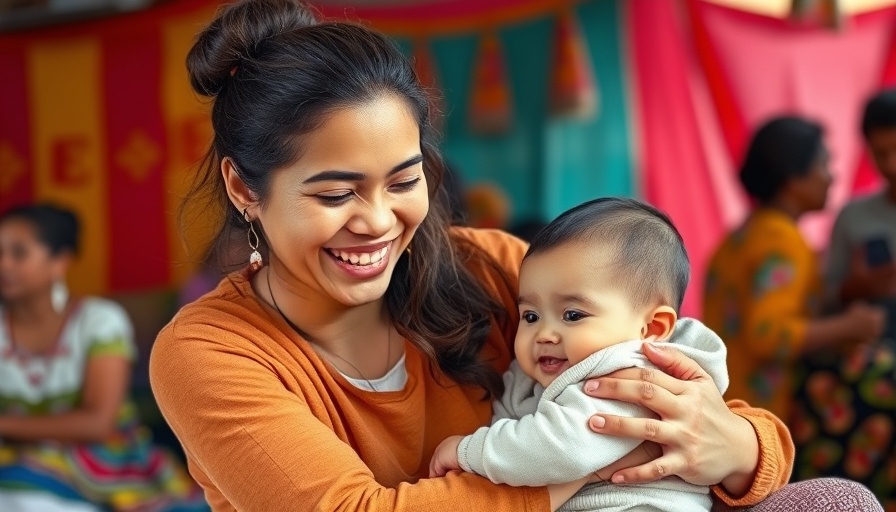 Joyful mother with infant in colorful communal setting, philanthropy's role in health stewardship evident.