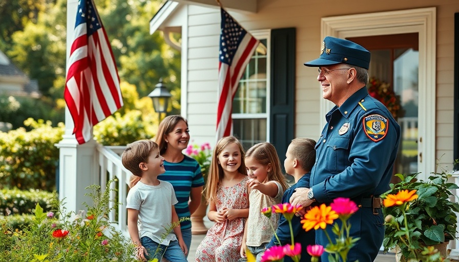 Veteran homecoming with family on porch, celebrating together.
