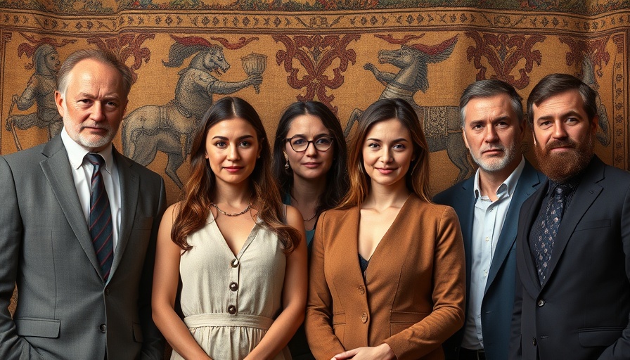 Prominent figures with Bayeux Tapestry backdrop, illustrating soft power theme.