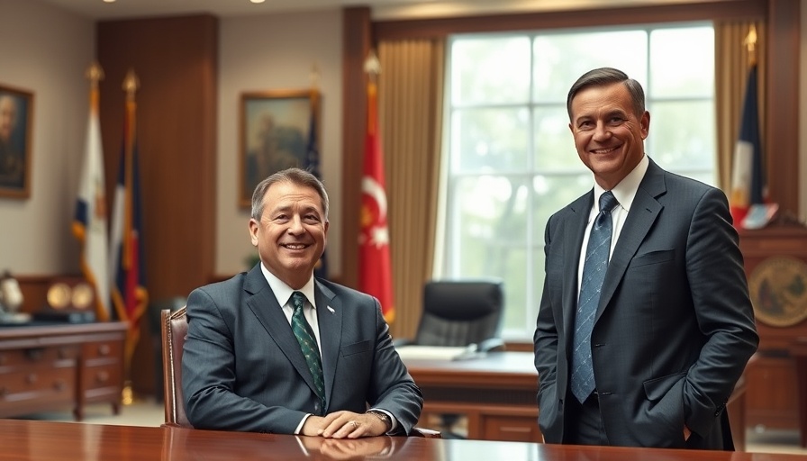 Formal office scene with seated smiling man in official setting.