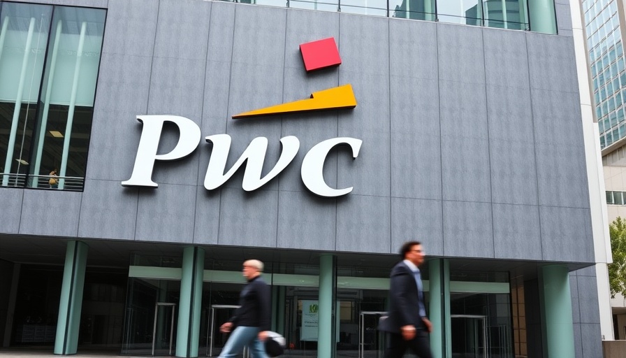 PwC building exterior with logo and people.