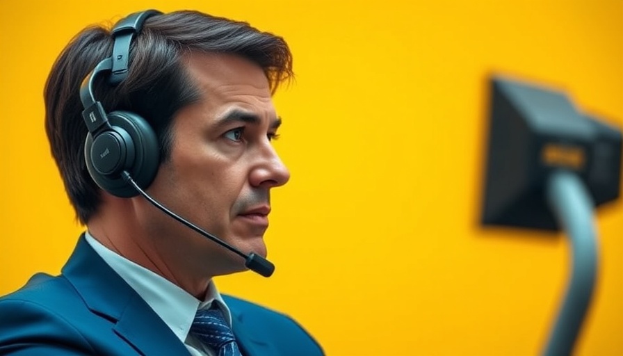 Individual in a suit with headset against yellow background.