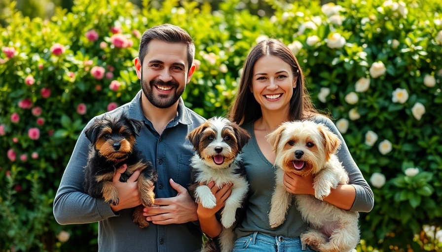 Couple holding small dogs in a sunny garden.