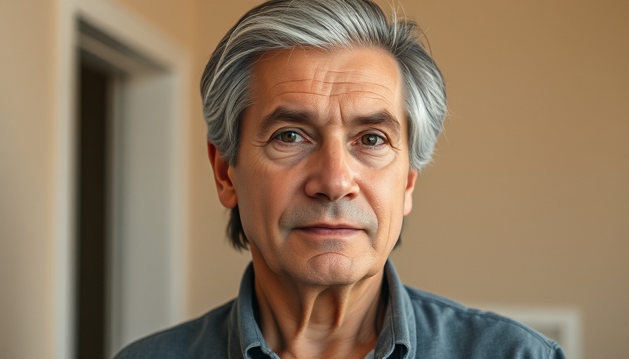 Mature person with grey hair indoors, neutral expression.