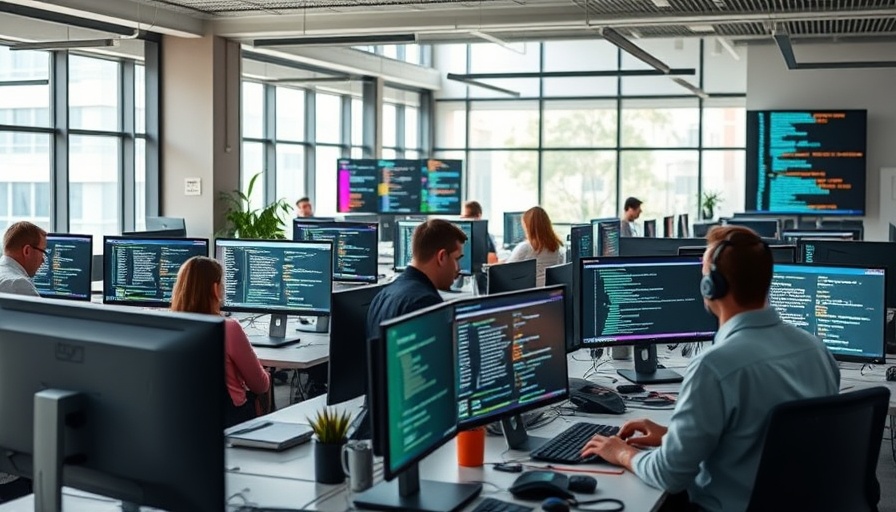 Enterprise developers creating cross-platform applications in modern workspace.