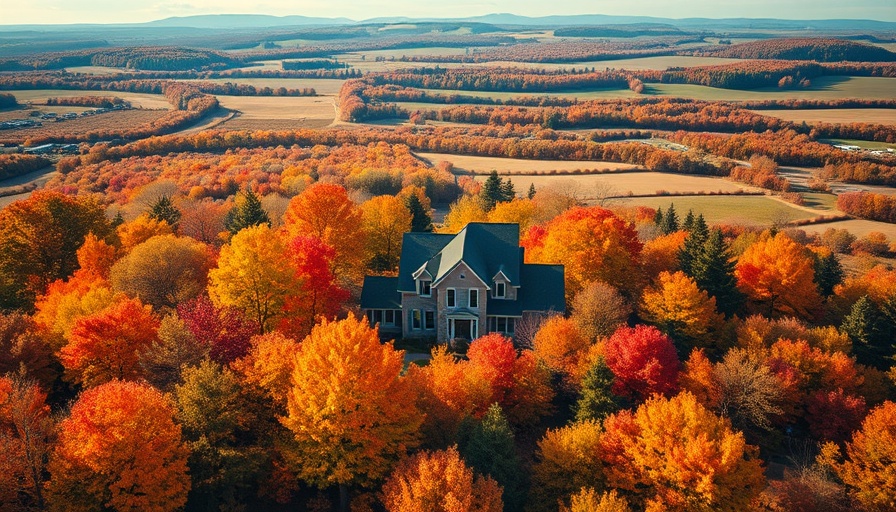Vibrant autumn landscape with home for sale surrounded by colorful leaves.