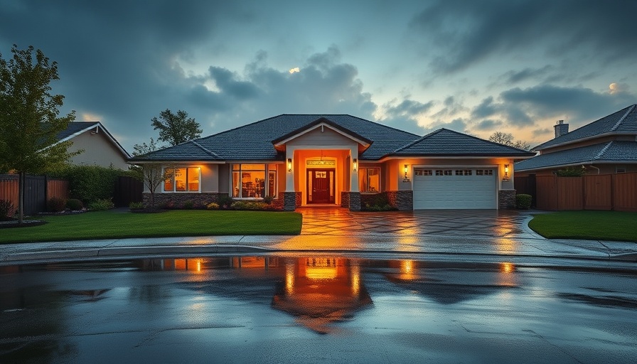 Modern suburban house with wet driveway illustrating escrow process.