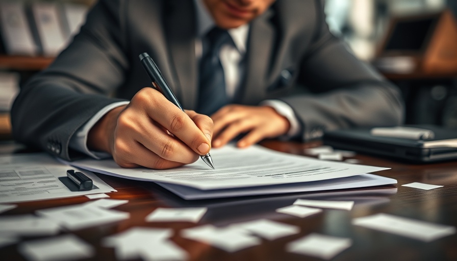 Seller signing essential closing documents, blurred office setting.