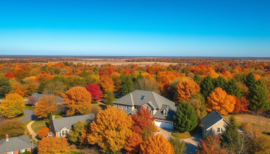 Aerial view of house with autumn trees, real estate drone photography.