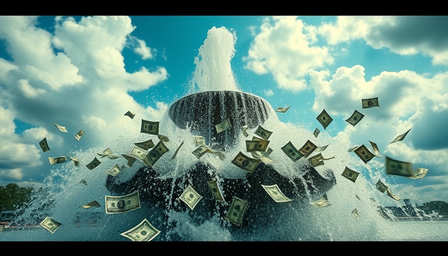 Dynamic money fountain with splashing dollar bills, depicting investing big money.
