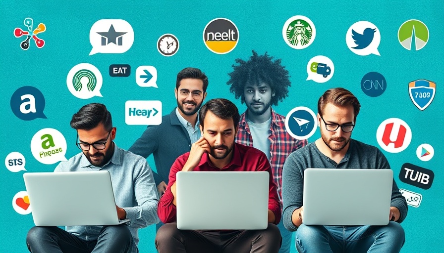 Two men with laptops and tech logos on teal background, AI chatbots persuasion.