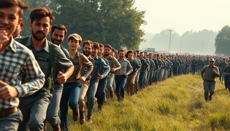 Workers running in the Battle of Orgreave for rights, large crowd scene.