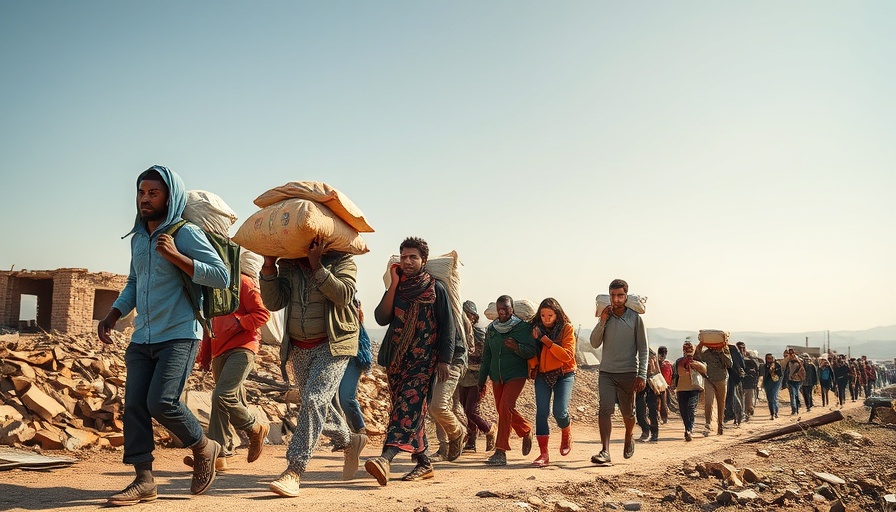 Group carrying supplies for Gaza humanitarian efforts under blue sky.