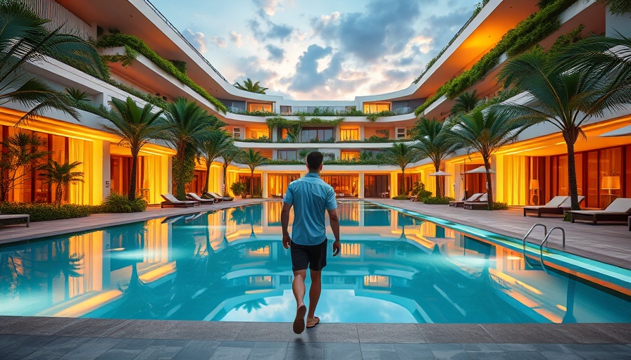 Modern luxury setting by pool at dusk, impacts on startups.
