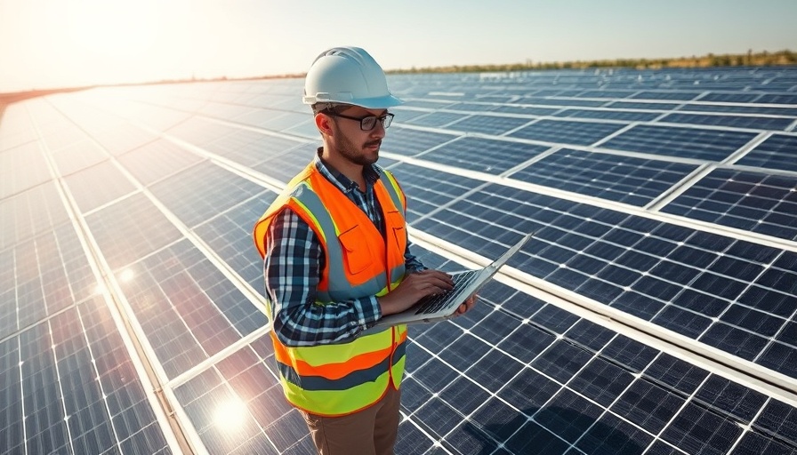 Technician with laptop inspecting solar panels, highlighting renewable assets.