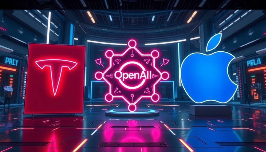 Illustration of fictional Musk OpenAI Apple feud with logos.