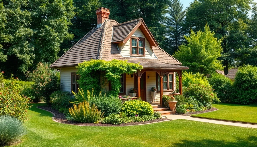 Charming vintage cottage with a lush garden under a blue sky.