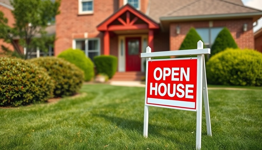 Real estate open house sign on lawn in front of red brick house.