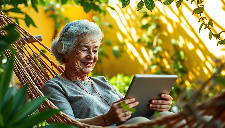 Elderly woman enjoying favorite online timewasters in a garden hammock.
