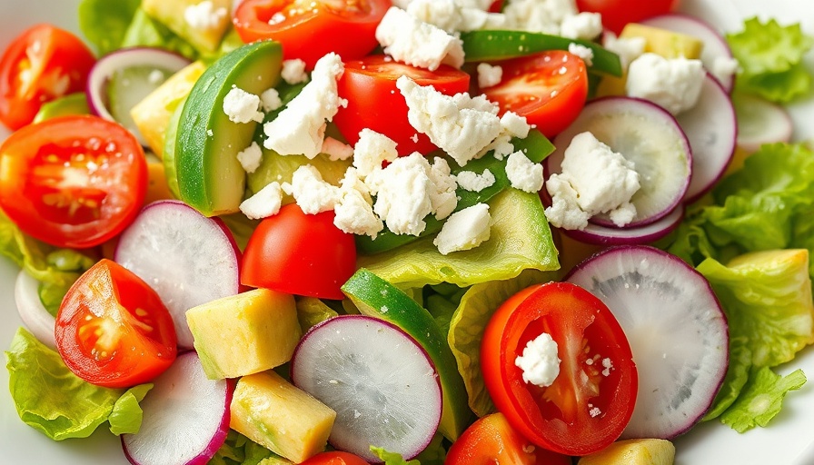 Vibrant healthy summer salad with avocado and feta on a plate.