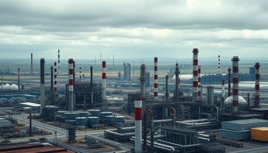 India oil refinery landscape, complex structures, cloudy skyline.