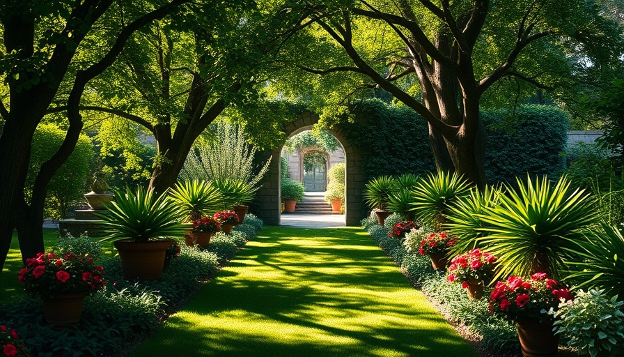 Create a secret garden pathway shaded by lush trees leading to an arch.