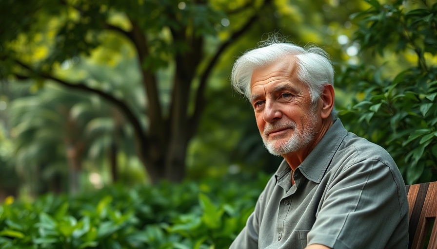Elderly man sitting in a garden with soft lighting, related to p16 gene melanoma diagnosis.