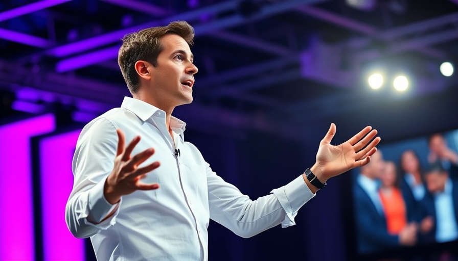 Man speaking at a tech conference on business startup funding.